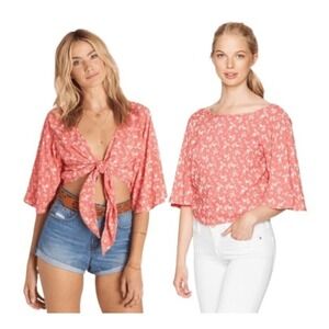 0834 Billabong Floral Tie-Front Top Kimono Sleeve Blouse Coral Pink Medium